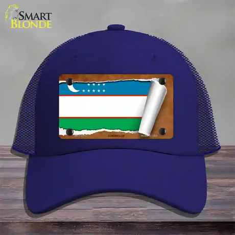 Uzbekistan Flag Scroll Novelty License Plate Hat Mesh / Royal Blue