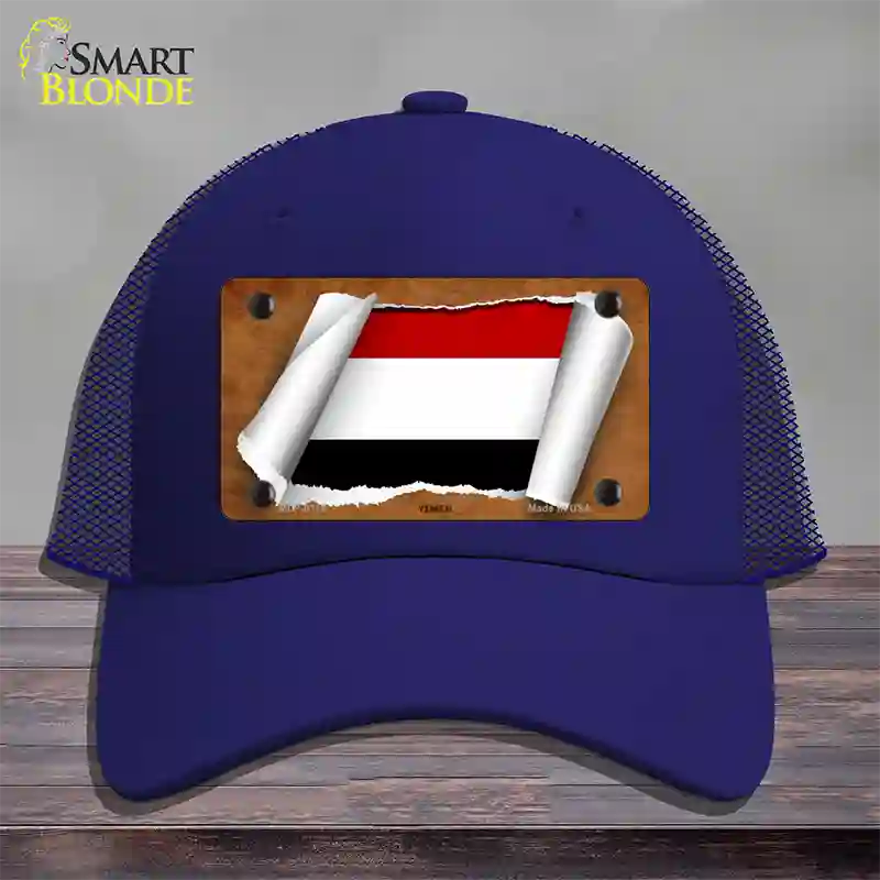 Yemen Flag Scroll Novelty License Plate Hat Mesh / Royal Blue