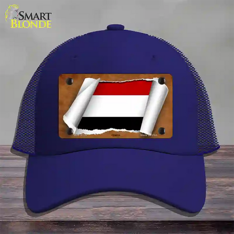 Yemen Flag Scroll Novelty License Plate Hat Mesh / Royal Blue