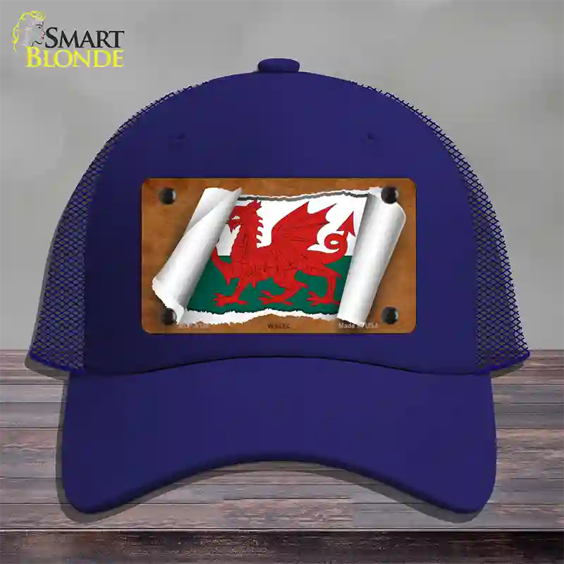 Wales Flag Scroll Novelty License Plate Hat Mesh / Royal Blue