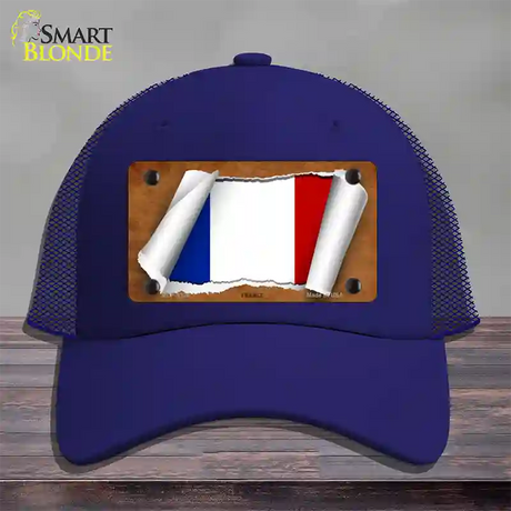 France Flag Scroll Novelty License Plate Hat Mesh / Royal Blue