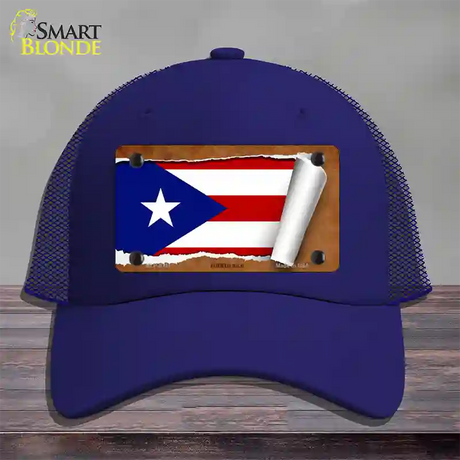 Puerto Rico Flag Scroll Novelty License Plate Hat Mesh / Royal Blue