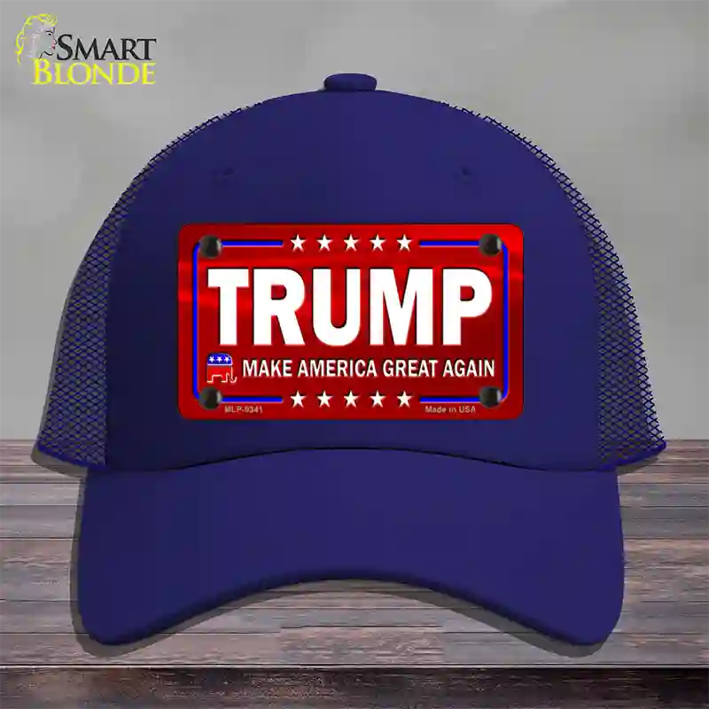 Trump Red Novelty License Plate Hat Mesh / Royal Blue