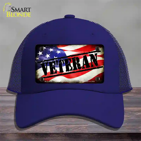 Veteran American Flag Novelty License Plate Hat Mesh / Royal Blue