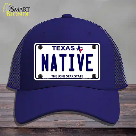 Native Texas White Novelty License Plate Hat Mesh / Royal Blue