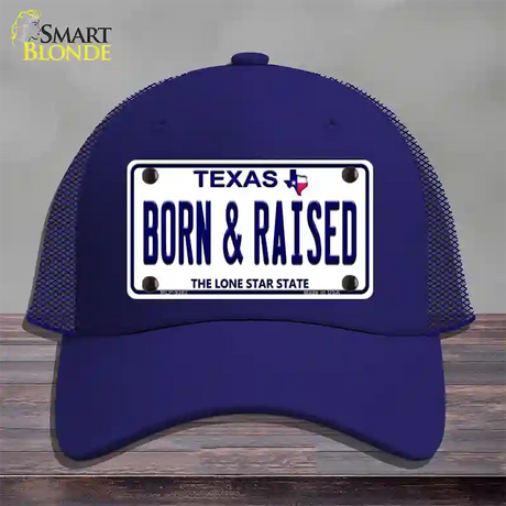 Born and Raised Texas Novelty License Plate Hat Mesh / Royal Blue