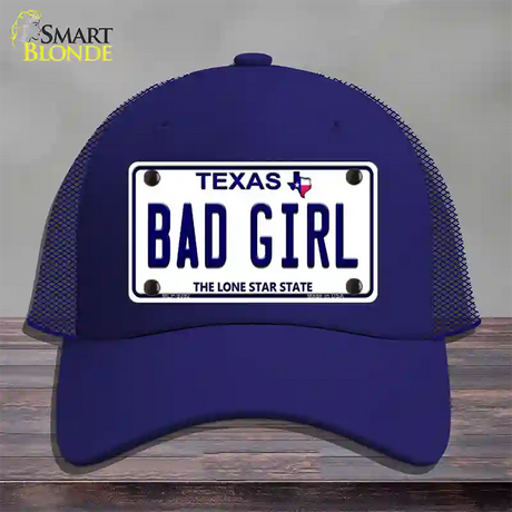 Bad Girl Texas Novelty License Plate Hat Mesh / Royal Blue