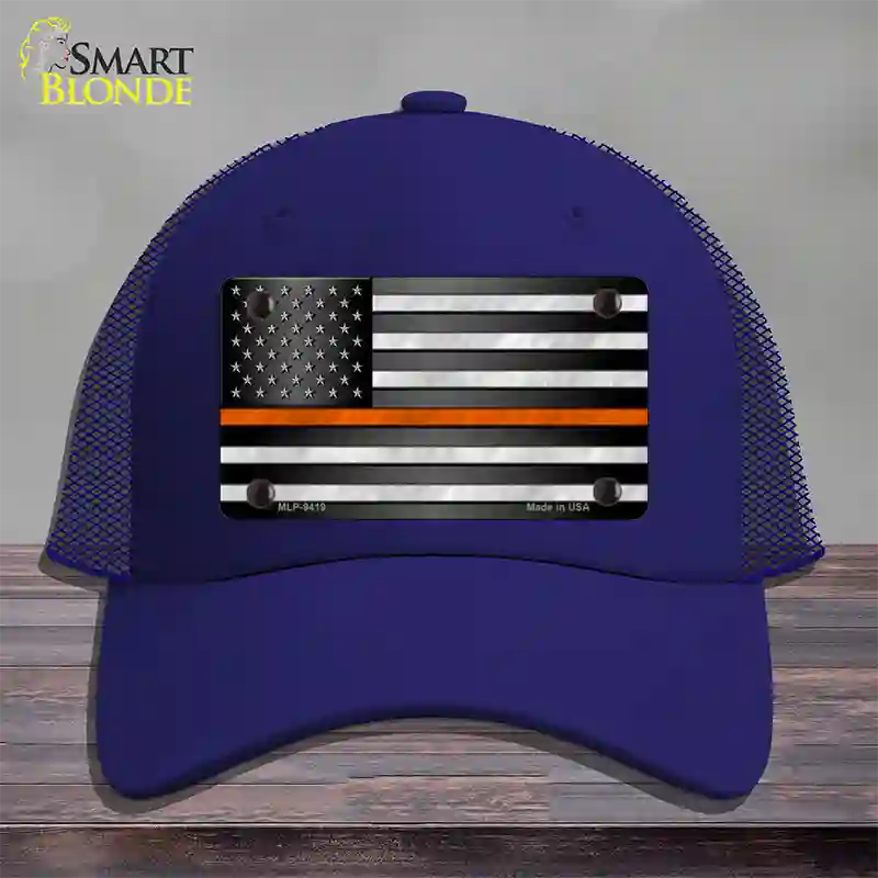 American Flag Thin Orange Line Novelty License Plate Hat Mesh / Royal Blue