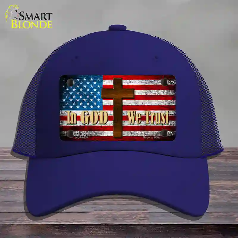 God We Trust Novelty License Plate Hat Mesh / Royal Blue