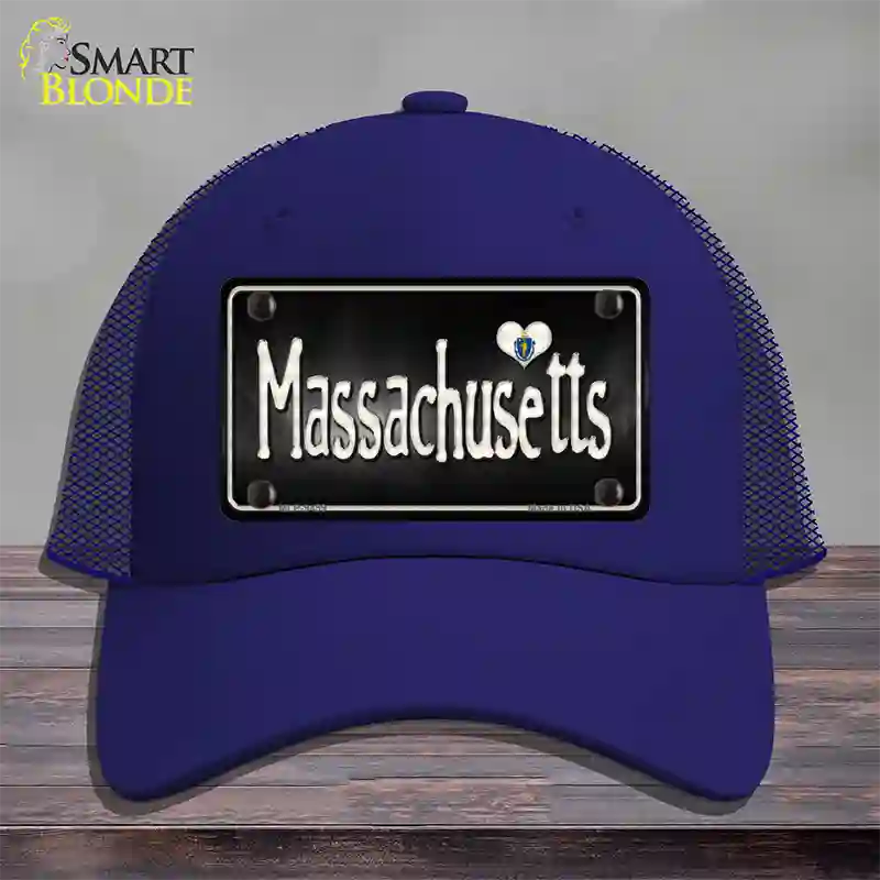 Massachusetts Flag Script Novelty License Plate Hat Mesh / Royal Blue