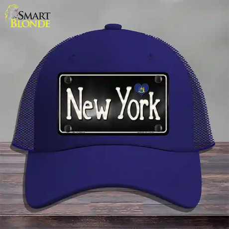 New York Flag Script Novelty License Plate Hat Mesh / Royal Blue