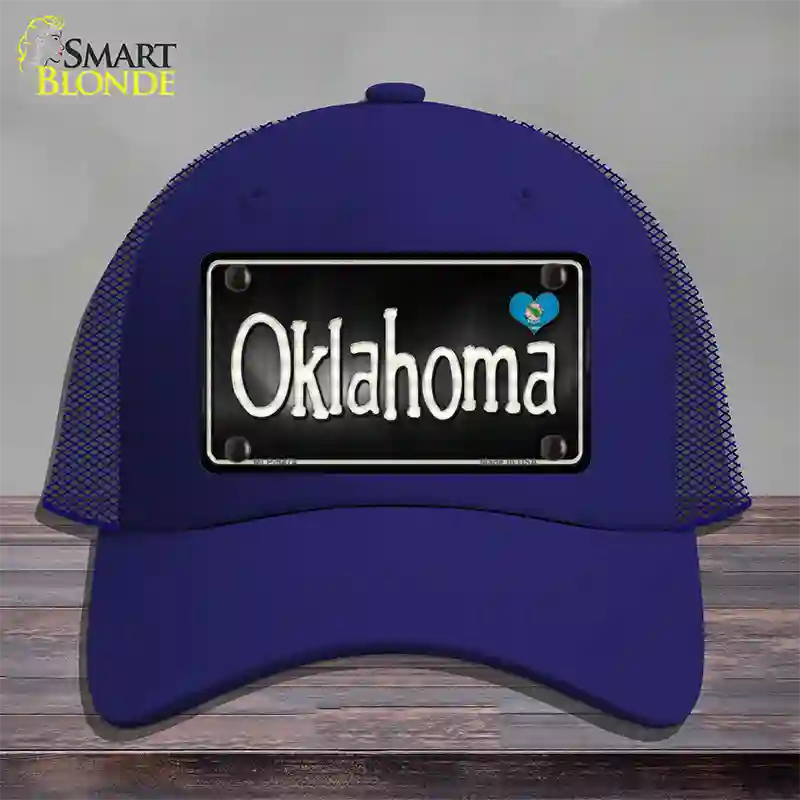 Oklahoma Flag Script Novelty License Plate Hat Mesh / Royal Blue