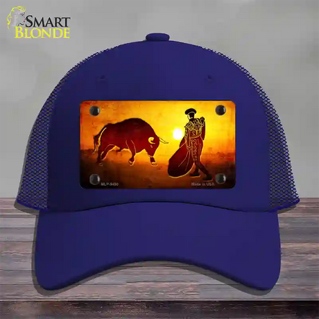 Bullfight With Sun Novelty License Plate Hat Mesh / Royal Blue