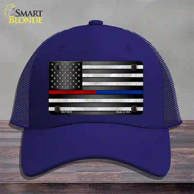 American Flag Police / Fire Novelty License Plate Hat Mesh / Royal Blue