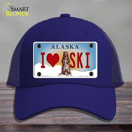 I Love Ski Alaska State Novelty License Plate Hat Mesh / Royal Blue