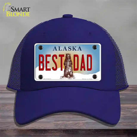 Best Dad Alaska State Novelty License Plate Hat Mesh / Royal Blue