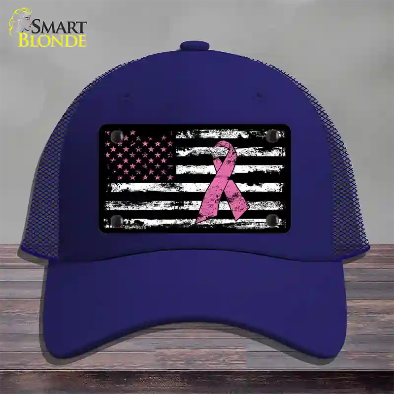 Vintage American Flag Pink Ribbon Novelty License Plate Hat Mesh / Royal Blue