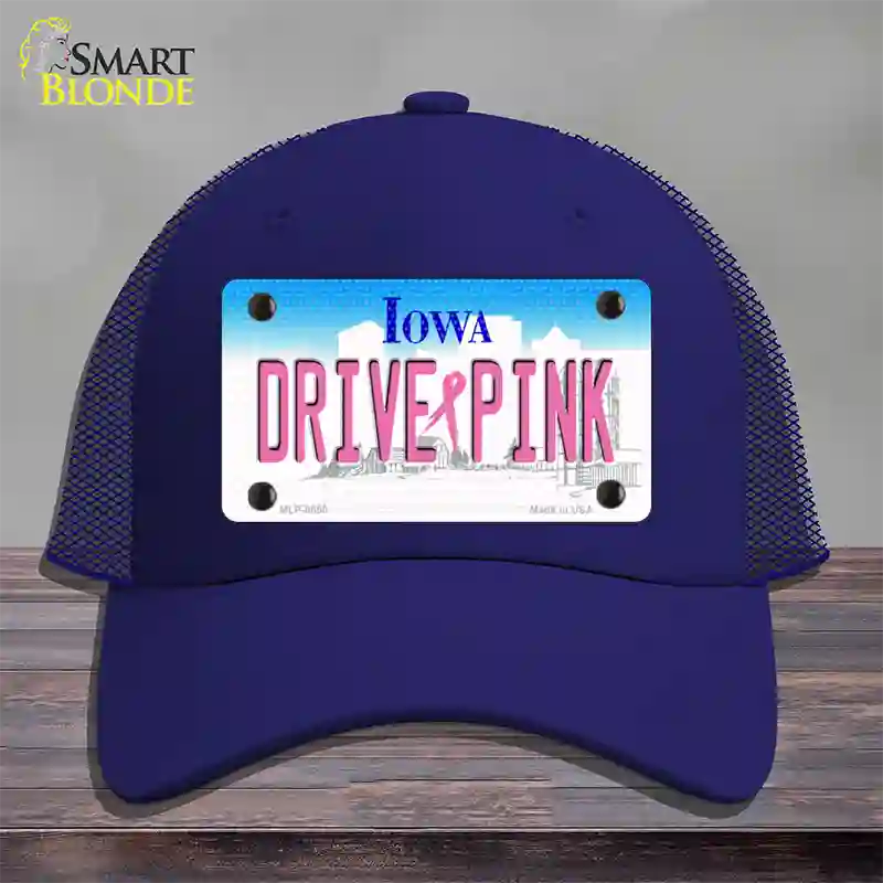 Drive Pink Iowa Novelty License Plate Hat Mesh / Royal Blue