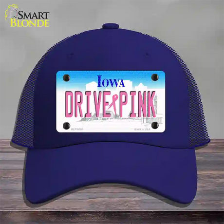 Drive Pink Iowa Novelty License Plate Hat Mesh / Royal Blue