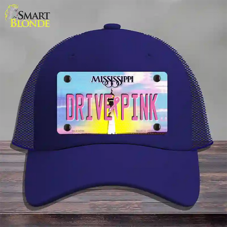 Drive Pink Mississippi Novelty License Plate Hat Mesh / Royal Blue