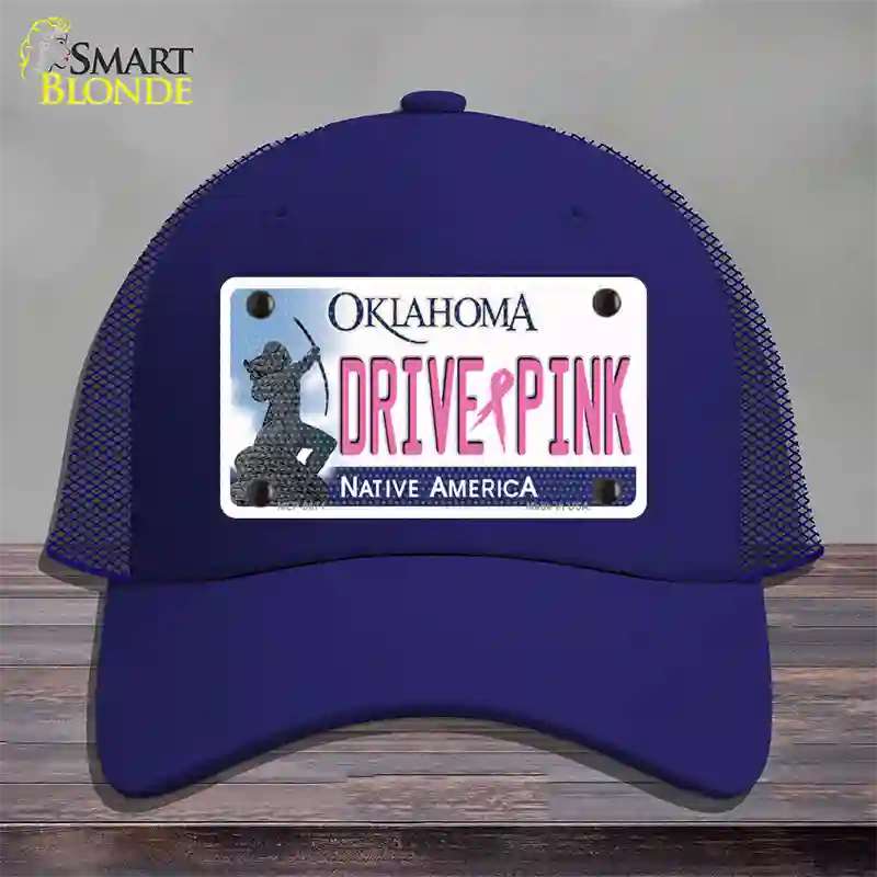 Drive Pink Oklahoma Novelty License Plate Hat Mesh / Royal Blue