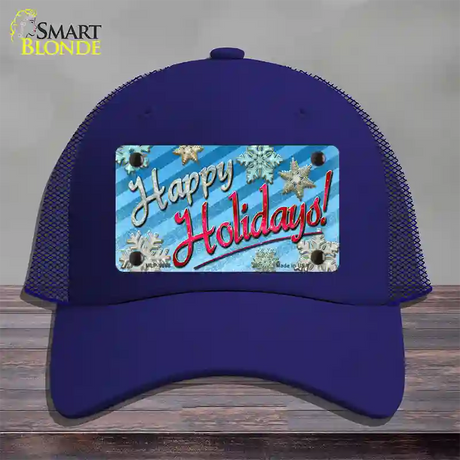 Happy Holidays Blue Novelty License Plate Hat Mesh / Royal Blue