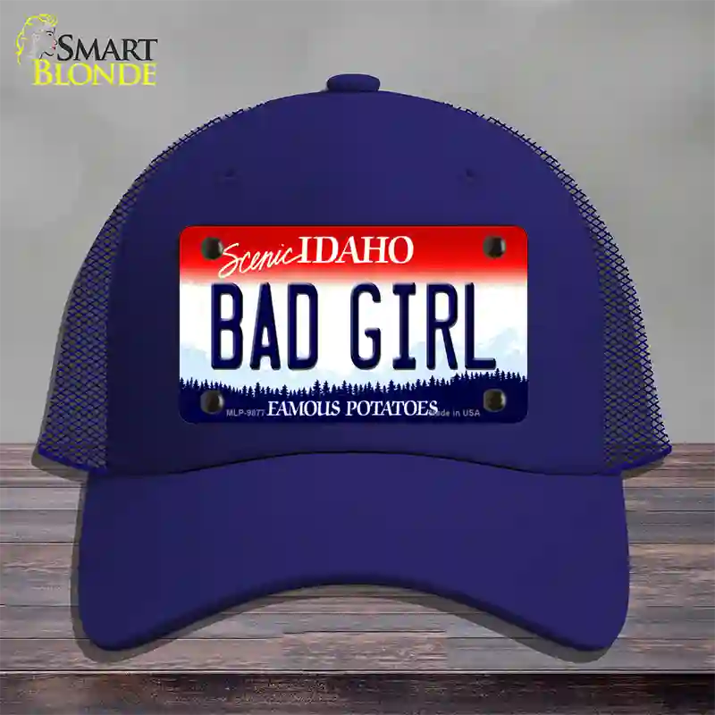 Bad Girl Idaho Novelty License Plate Hat Mesh / Royal Blue