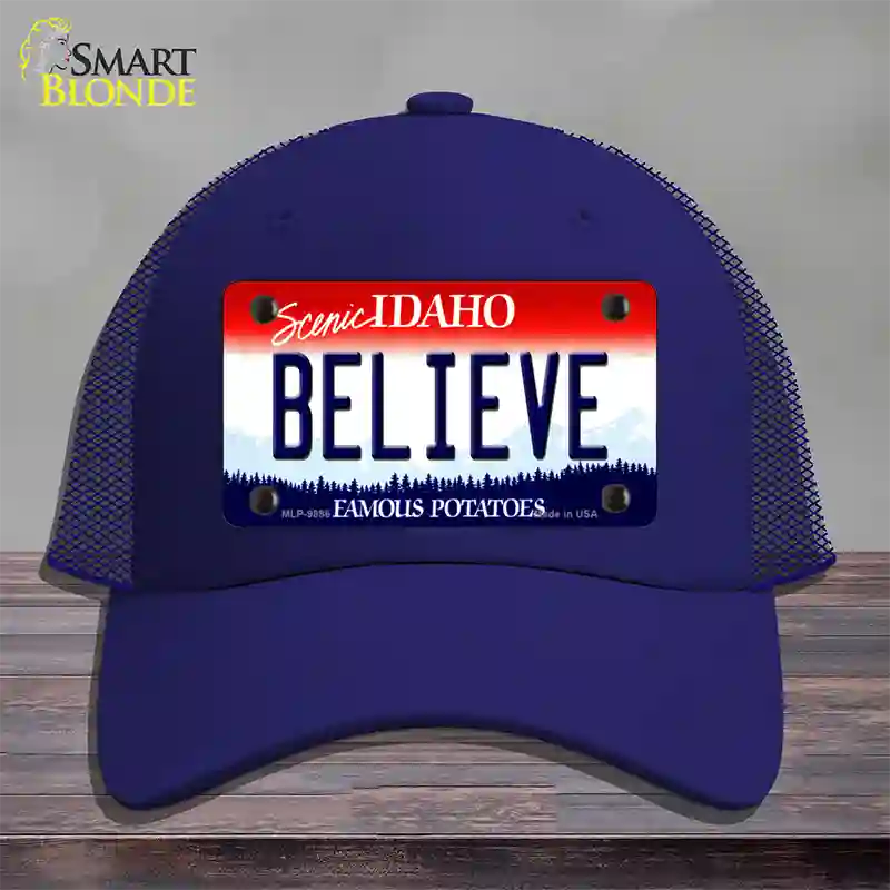 Believe Idaho Novelty License Plate Hat Mesh / Royal Blue