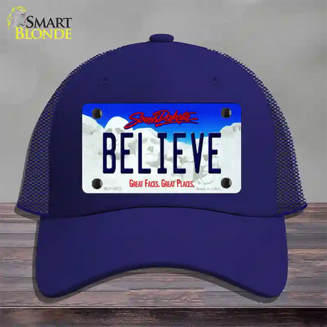 Believe South Dakota Novelty License Plate Hat Mesh / Royal Blue