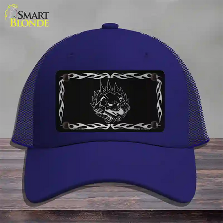 Pig In Flames Black Brushed Chrome Novelty License Plate Hat Mesh / Royal Blue