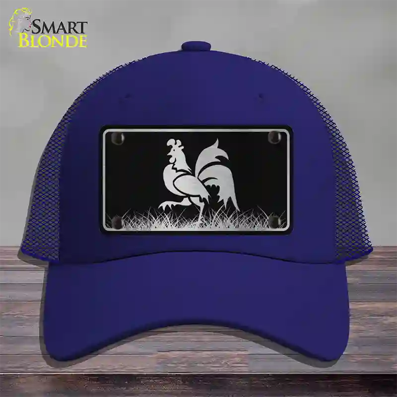 Rooster Black Brushed Chrome Novelty License Plate Hat Mesh / Royal Blue