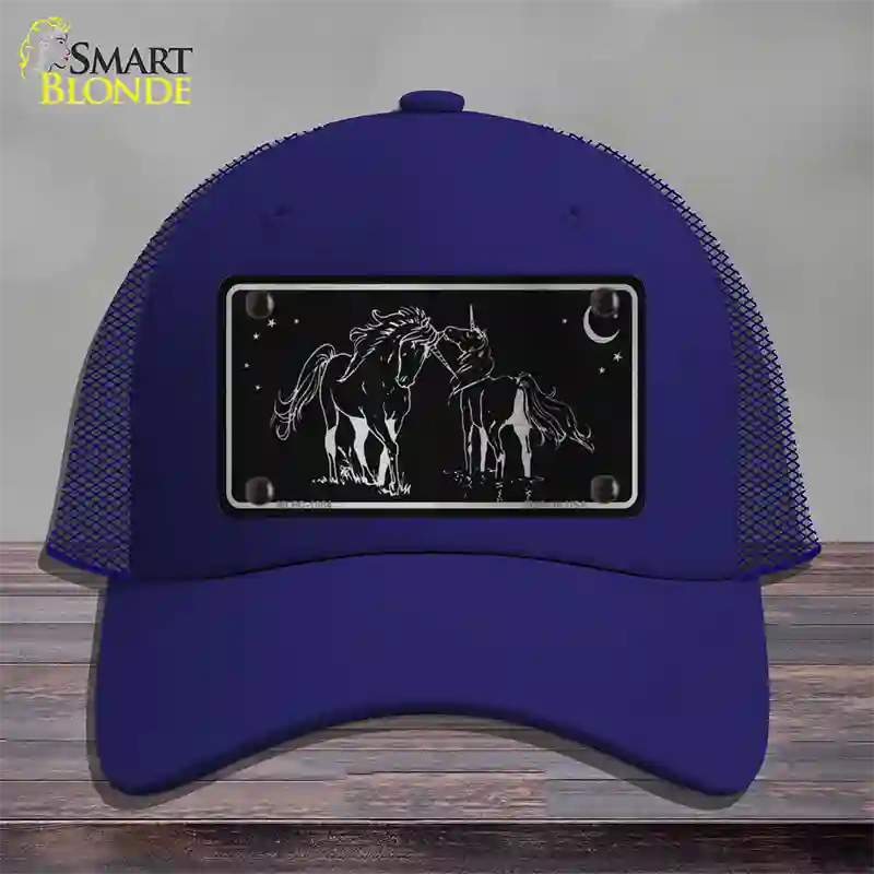 Unicorns Black Brushed Chrome Novelty License Plate Hat Mesh / Royal Blue