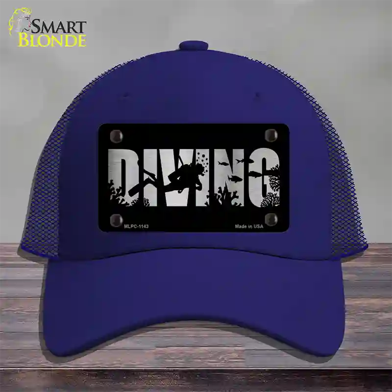 Diving Brushed Chrome Novelty License Plate Hat Mesh / Royal Blue