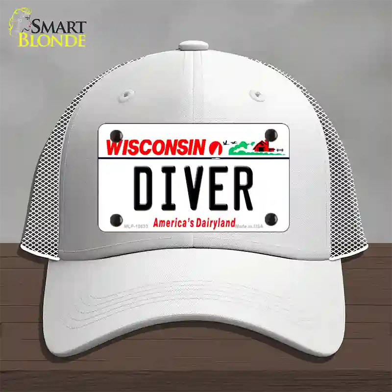 Diver Wisconsin Novelty License Plate Hat Mesh / White