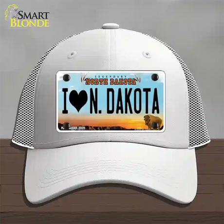 I Love North Dakota Novelty License Plate Hat Mesh / White