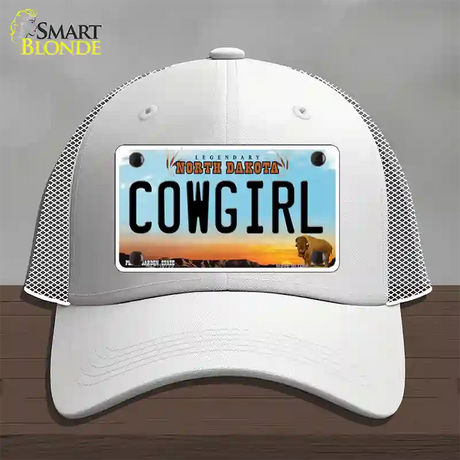 Cowgirl North Dakota Novelty License Plate Hat Mesh / White