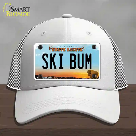 Ski Bum North Dakota Novelty License Plate Hat Mesh / White