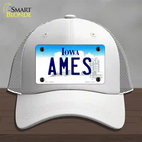 Ames Iowa Novelty License Plate Hat Mesh / White