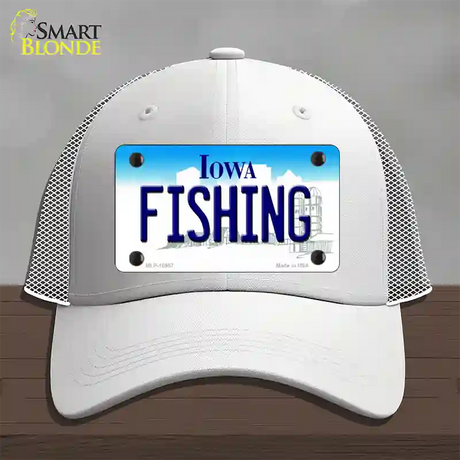 Fishing Iowa Novelty License Plate Hat Mesh / White