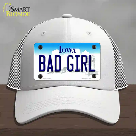 Bad Girl Iowa Novelty License Plate Hat Mesh / White