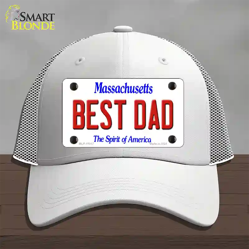 Best Dad Massachusetts Novelty License Plate Hat Mesh / White