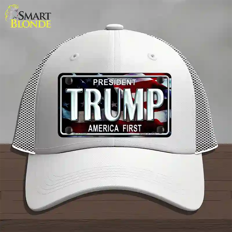 Trump America First Novelty License Plate Hat Mesh / White