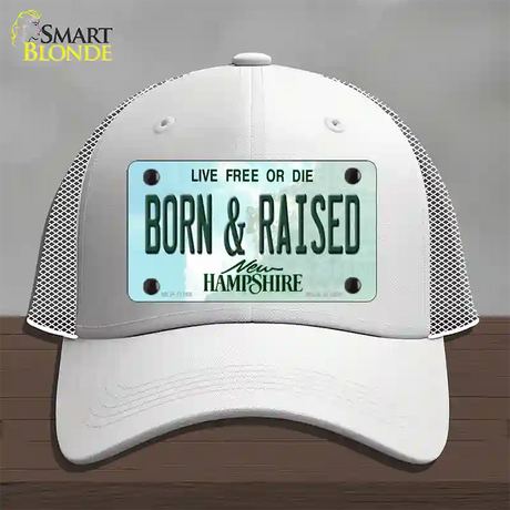 Born and Raised New Hampshire State Novelty License Plate Hat Mesh / White