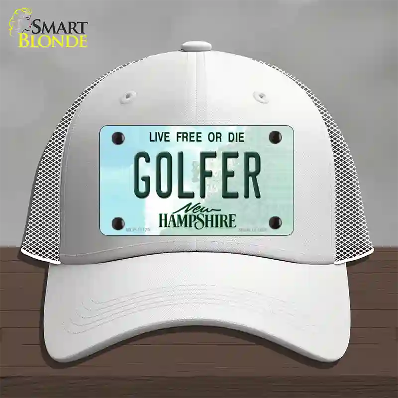 Golfer New Hampshire State Novelty License Plate Hat Mesh / White