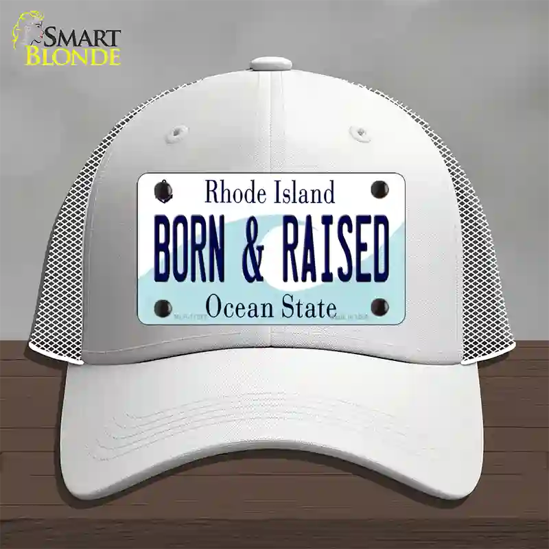 Born and Raised Rhode Island State Novelty License Plate Hat Mesh / White