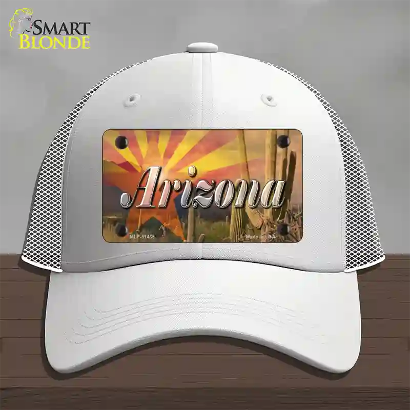 Arizona State Flag Overlay On Cactus Novelty License Plate Hat Mesh / White