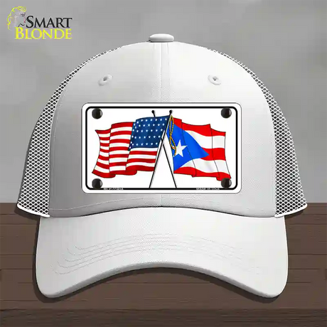 Puerto Rico Crossed US Flag Novelty License Plate Hat Mesh / White