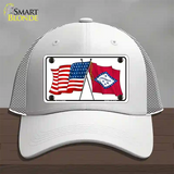 Arkansas Crossed US Flag Novelty License Plate Hat Mesh / White