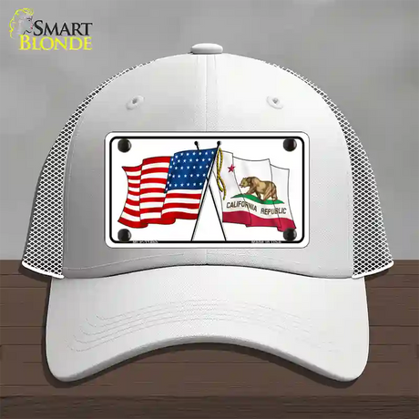 California Crossed US Flag Novelty License Plate Hat Mesh / White