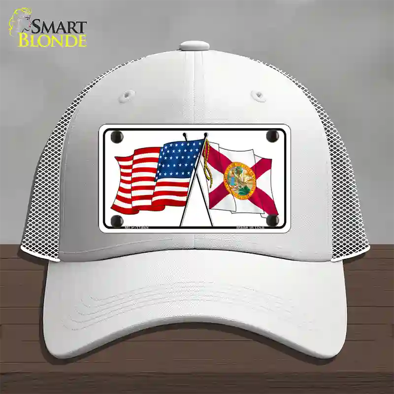 Florida Crossed US Flag Novelty License Plate Hat Mesh / White